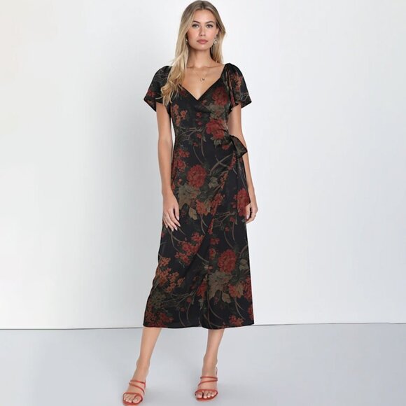 Lulus Dresses & Skirts - Subtle Elegance Black Floral Print Faux Wrap Midi Dress